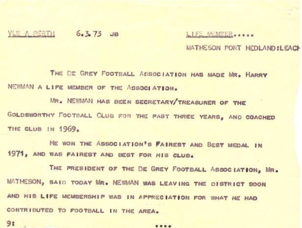 Harry Newman life member 1973